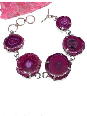 Solar Quartz Bracelet Chunky Stone 925 Sterling Silver Overlay Pink Purple Bold